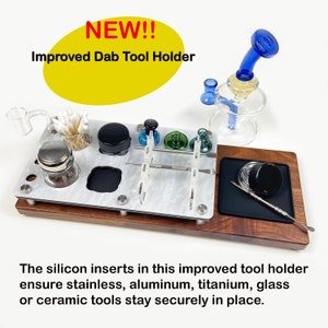 Concentrate Sesh Organizer  Tray Cleaning Stand and Dab Tool Rack with Easy to Clean Square Silicon Mat ~  E-Trays ~ 15X6" Hardwood Base
