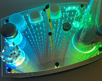 Puffco Infinity Tray with RGB LED Lights in a Mirrored Top and Hardwood Base