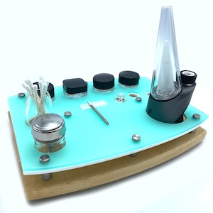 Puffco  Dab Rig Station Organizer for Peak/Pro Portable Cannabis Vaporizer ~ ISO Pump, Swab Vase, Frosted Aqua, Wood Base, Glass Tool Rest