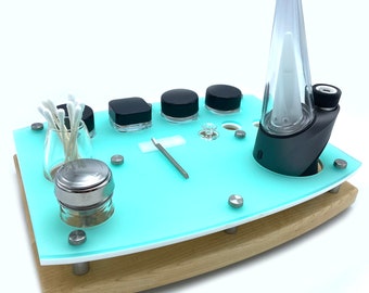 Puffco  Dab Rig Station Organizer for Peak/Pro Portable Cannabis Vaporizer ~ ISO Pump, Swab Vase, Frosted Aqua, Wood Base, Glass Tool Rest
