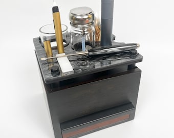 Compact Puffco Pivot Dab Session Wooden Box Stand with Hidden Compartments, Storage Drawer, Hot Knife Slot, ISO Dispenser, Swab Jar