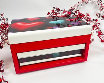 Two Color Mini Tool Box Valentine Theme Stash Box with one Drawer and Under the Lid Storage ~ Removable Magnetic Heart Panels