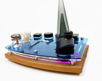 The Puffco Get Lit Programmable RGB LED Dab Rig Station Tray for Peak or Pro, Hot Knife, With Transparent Top and ISO Pump, Q-Tip Swab Jar