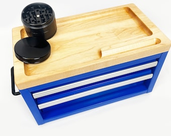 Smokers E-BOX Mini Steel Tool Chest with Hardwood Rolling Tray Top , 2 Drawers, Metal Tool Box in Multiple Colors and Three Styles