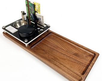Premium Smoker's Rolling Tray Organizer ~ FREE Grinder ~ Accessory Stand, Phone Holder With Hardwood Herb Prep Area and Paper Holding Notch