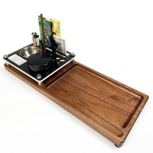 Premium Cigarette Rolling Tray Organizer ~ FREE Grinder ~ Accessory Stand, Phone Holder With Hardwood Herb Prep Area And Paper Holding Notch