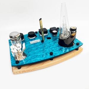 The Premium Puffco Peak, Pro, New Puffco Dab Station Tray Vape Session Organizer ~ Exotic Acrylic Top ~ Hardwood Base ~ ISO Pump, Swab Jar