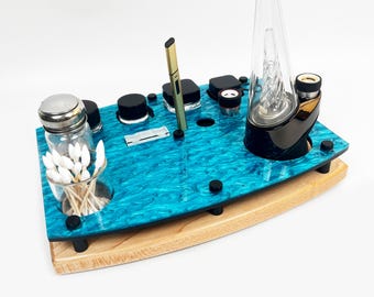 The Premium Puffco Peak, Pro, New Puffco Dab Station Tray Vape Session Organizer ~ Exotic Acrylic Top ~ Hardwood Base ~ ISO Pump, Swab Jar