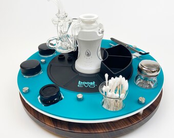 Dr. Dabber Boost EVO Rig Station Organizer Lazy Susan Style 13.5" Diameter Round Dab Tray with. silicone mat, ISO Dispenser, Swab Beaker