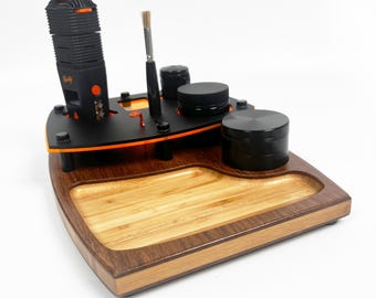 Venty by Storz & Bickel ~ Smoke Session Organizer Tray with Prep Area, Grinder, Storage Jar, Ash Can, Resin Brush Handle and Bamboo Base