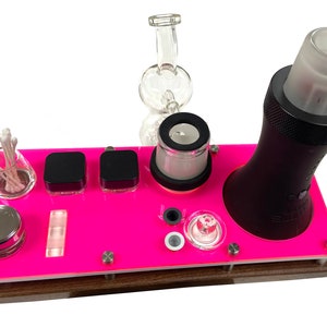 Dr.Dabber SWITCH Rig Station Organizer ~ Cannabis Dab Vaporizer With Stainless Steel Glass ISO Pump, Swab Jar, Many colors, Wood Base