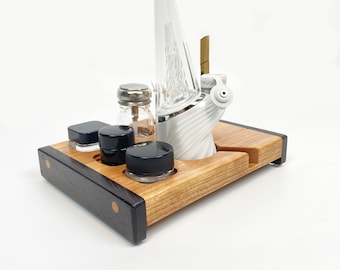 The Basic or Deluxe All Wood Puffco Peak or Pro Vaporizer Dab Session Tray Organizer with Hot Knife Slot, ISO Pump and Swab Jar