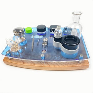 Crossing Tech Core 2.0 Dab Rig Station Organizer ~ Vaporizer Storage ~ 12 X 9  Barely Blue ~ with Glass ISO Pump, Swab Vase ~ Wooden Base