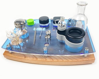 Crossing Tech Core 2.0 Dab Rig Station Organizer ~ Vaporizer Storage ~ 12 X 9  Barely Blue ~ with Glass ISO Pump, Swab Vase ~ Wooden Base