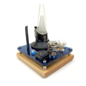 Puffco Dab Mini Rig Station Organizer for Peak or Pro Using Charger Base Cannabis Vaporizer ~ Stainless/Glass ISO Pump, Swab Vase, Wood Base