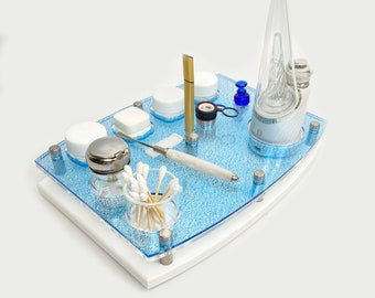 Limited Edition ~ Puffco Rig Station Dab Organizer Tray with White Corian Base and Tidal Mist Top Includes ISO Dispenser and Swab Jar