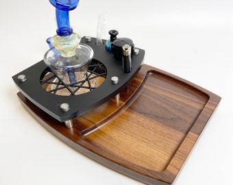 Bong Safety Stand &  Rolling Tray Combo Unit ~  Fits Water Pipes with 2.75" - 4" Diameter Base ~ Holds Bangers, Caps ~ Herb Smoker