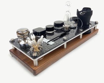 The Dr.Dabber Boost EVO Eclipse Dab Session Organizer ~ Vaporizer in Black, Blue or Silver Glitter on Walnut Base with ISO Pump and Swab Jar
