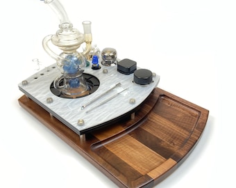 Large Glass Bong Stand Banger Station and Prep Area / Herb Rolling Tray Combo Unit ~  Holder for Water Pipes with 2.75" - 4" Diameter Base