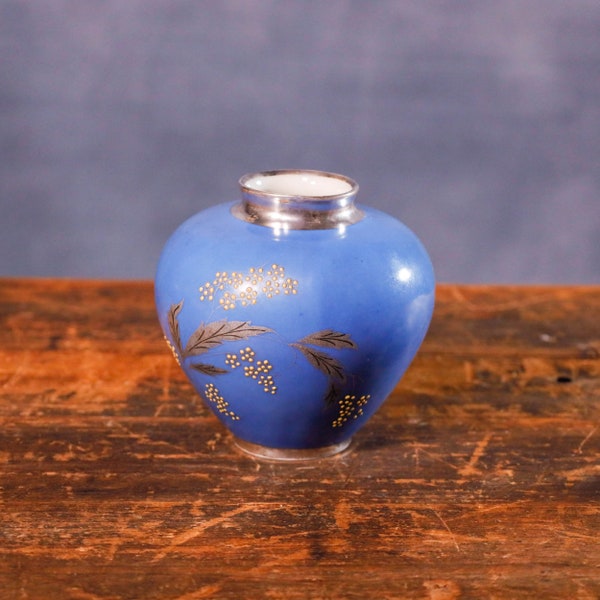 Blaue Kugelvase, Vase mit Silbermontur von Kunst Kronach
