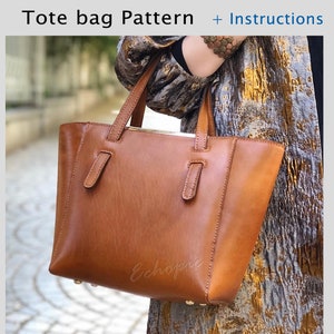 May include: A brown leather tote bag with a gold zipper and handles. The bag is 43 inches wide, 30 inches tall, 29 inches high, and 14 inches deep. The bag is shown being held by a person wearing a gold jacket. The text "Echo Pic #100" is in the top left corner of the image. The text "Tote bag Pattern + Instructions" is in the top right corner of the image. The text "A4 & Letter Formats" is in the middle left of the image. The text "Dimensions (cm)" is below the text "A4 & Letter Formats". The text "W-t:43" is below the text "Dimensions (cm)". The text "W-b:30" is below the text "W-t:43". The text "H: 29" is below the text "W-b:30". The text "D: 14" is below the text "H: 29". The text "@bag.pattern" is in the bottom left corner of the image.