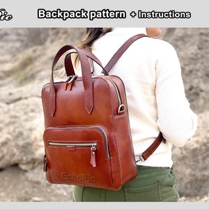 May include: A brown leather backpack with a zippered front pocket and a top handle. The backpack is 34 inches high, 30 inches wide, and 10 inches deep. The backpack is being worn by a person.