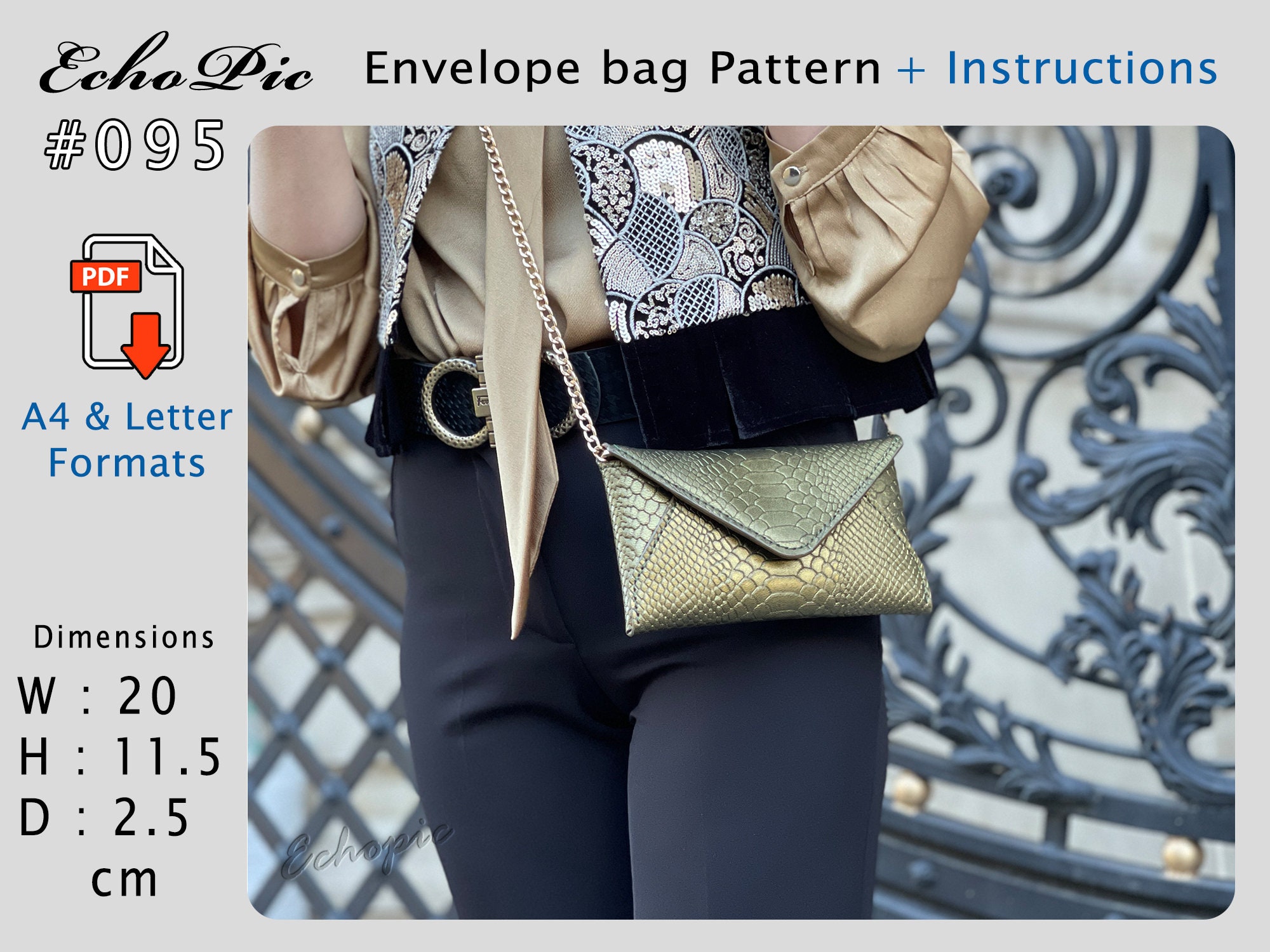 Envelope Bag Pattern #095: DIY Shoulder Bag With Chain (PDF A4 & Letter ...