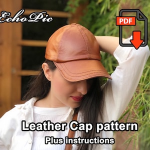 May include: A brown leather baseball cap with a PDF download icon. The text "Leather Cap pattern Plus instructions" is below the cap.