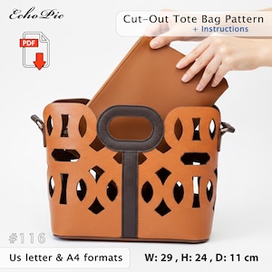 Może przedstawiać: Brązowy wzór torby typu tote z wycięciami z instrukcją. Torba jest w kolorze jasnobrązowym z ciemnobrązową rączką i wykończeniem. Wymiary: szer. 29 cm, wys. 24 cm, gł. 11 cm. Wzór dostępny w formatach US letter i A4.