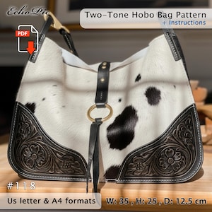 Patrón de bolso hobo de cuero bicolor en PDF n.° 118 (A4 y carta) + instrucciones, patrón de tallado incluido, para coser a mano y a máquina