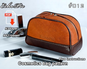 May include: A brown leather cosmetics bag with a zipper closure and a brown leather trim. The bag has the text "EchoPic" embossed on the front. The image also includes a PDF download icon and the text "A3 Paper + A4 Cropped".
