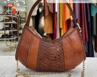 May include: A brown leather purse with a snakeskin-textured center panel and a gold chain strap. The purse has a curved shape with a top handle and a zipper closure. The text "Purse Pattern + Instructions" is visible.