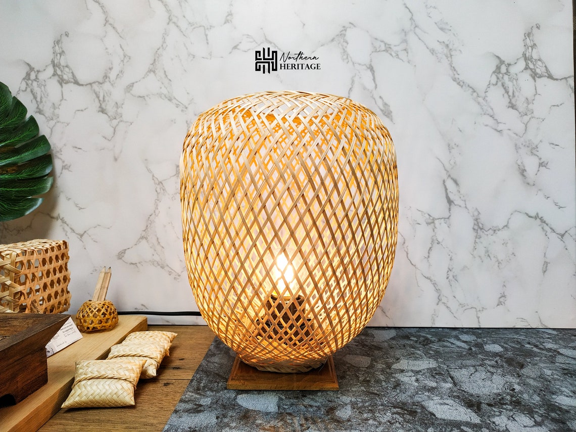 Boho Lamp Woven Bamboo Wicker Lamp Shade with Teak Wood Base Etsy