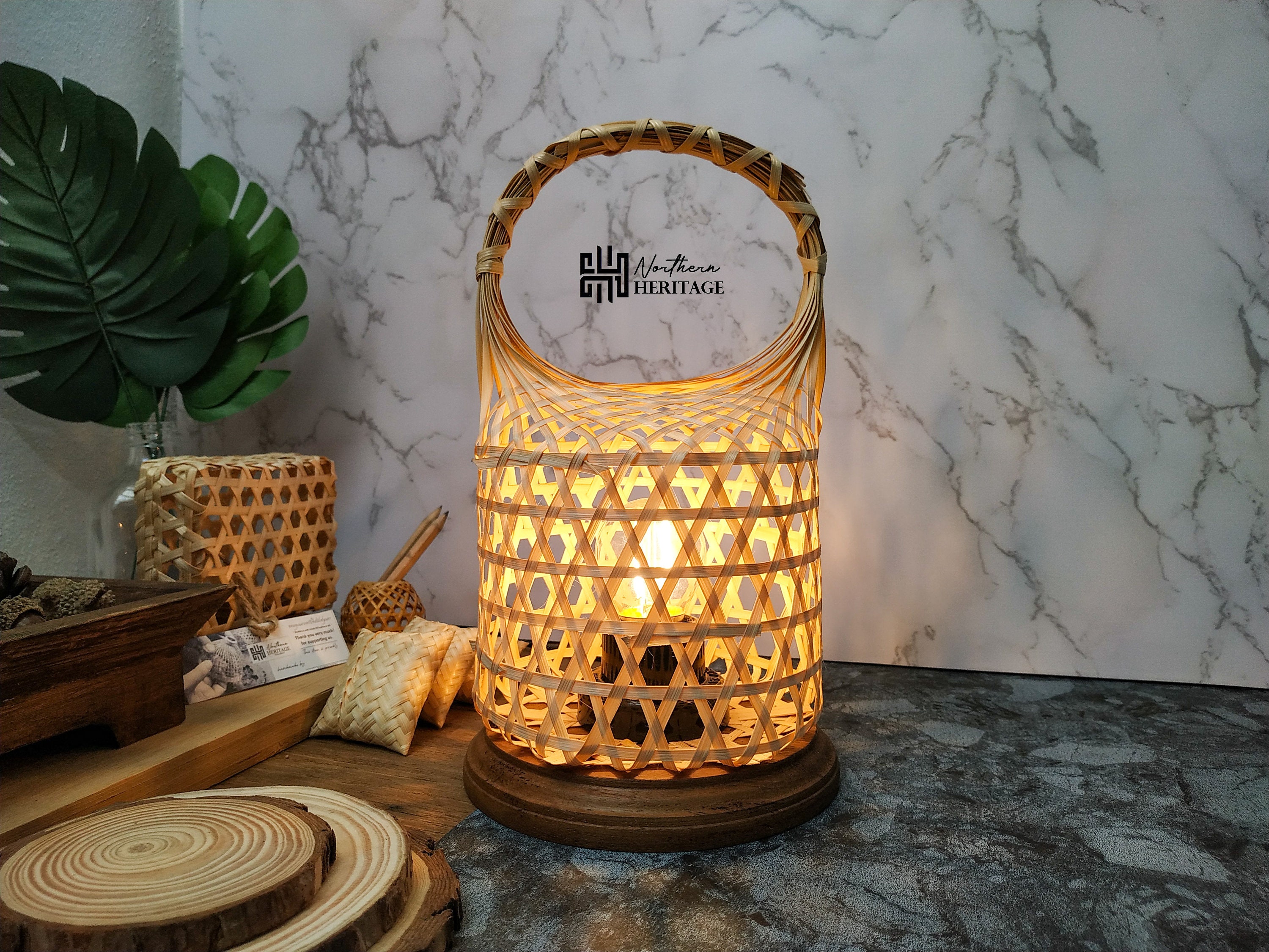 Small Bedside Table Lamp Handmade From Natural Bamboo Wicker Etsy UK