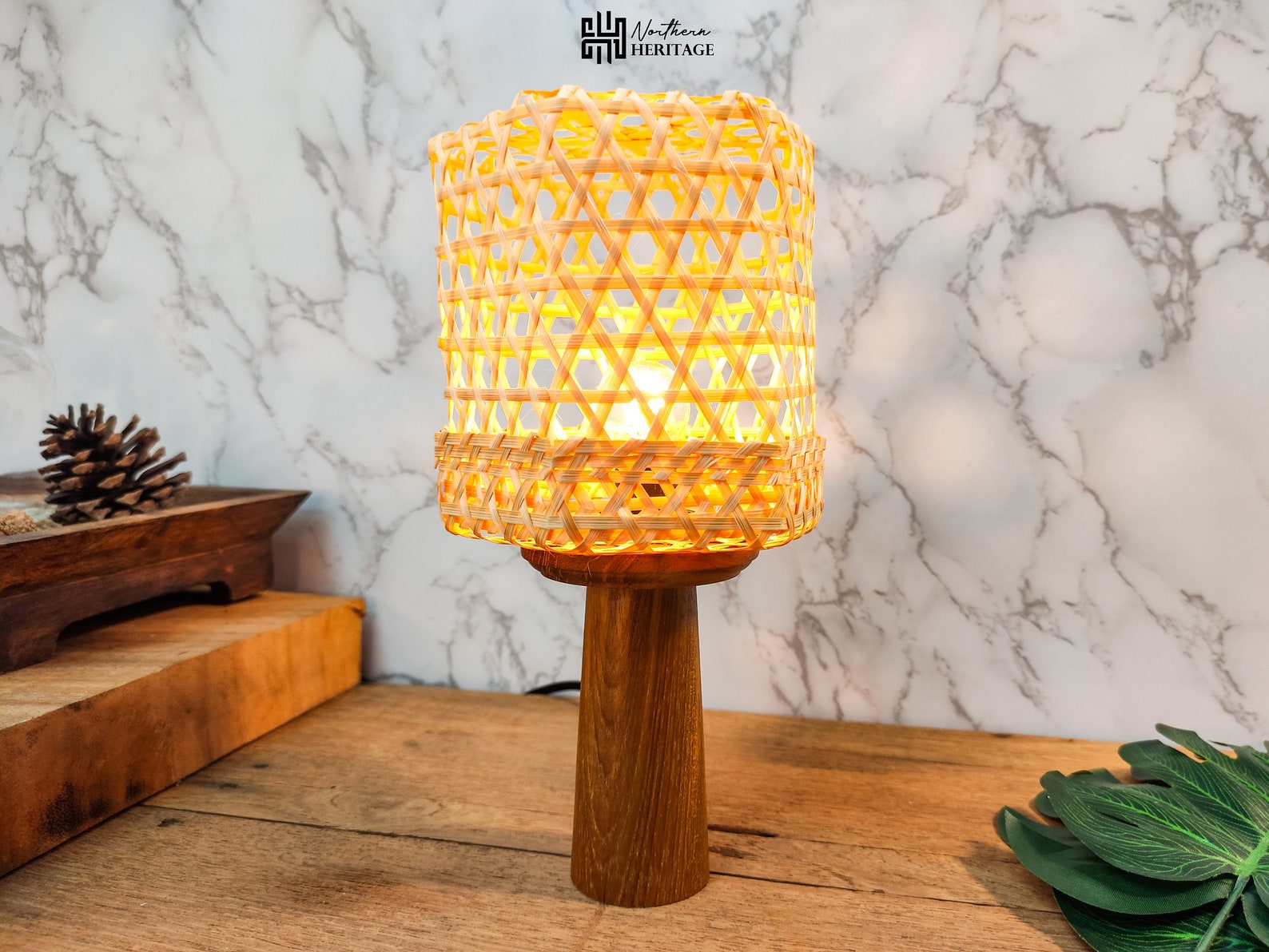 Small Modern Bamboo Table Lamp with Teak Wood Base Boho Etsy