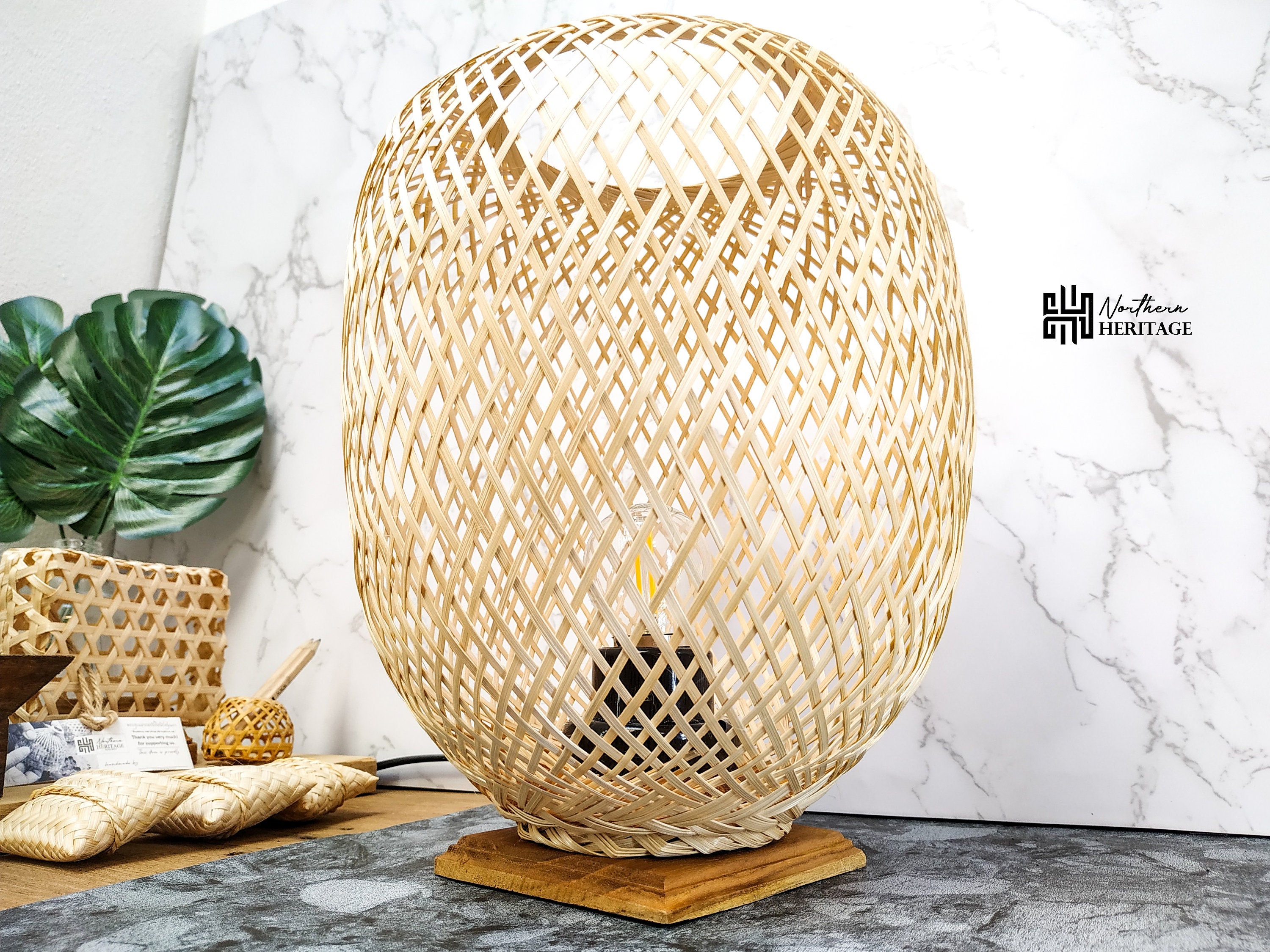 Bamboo Table Lamp With Wicker Lamp Shade and Wooden Base Etsy