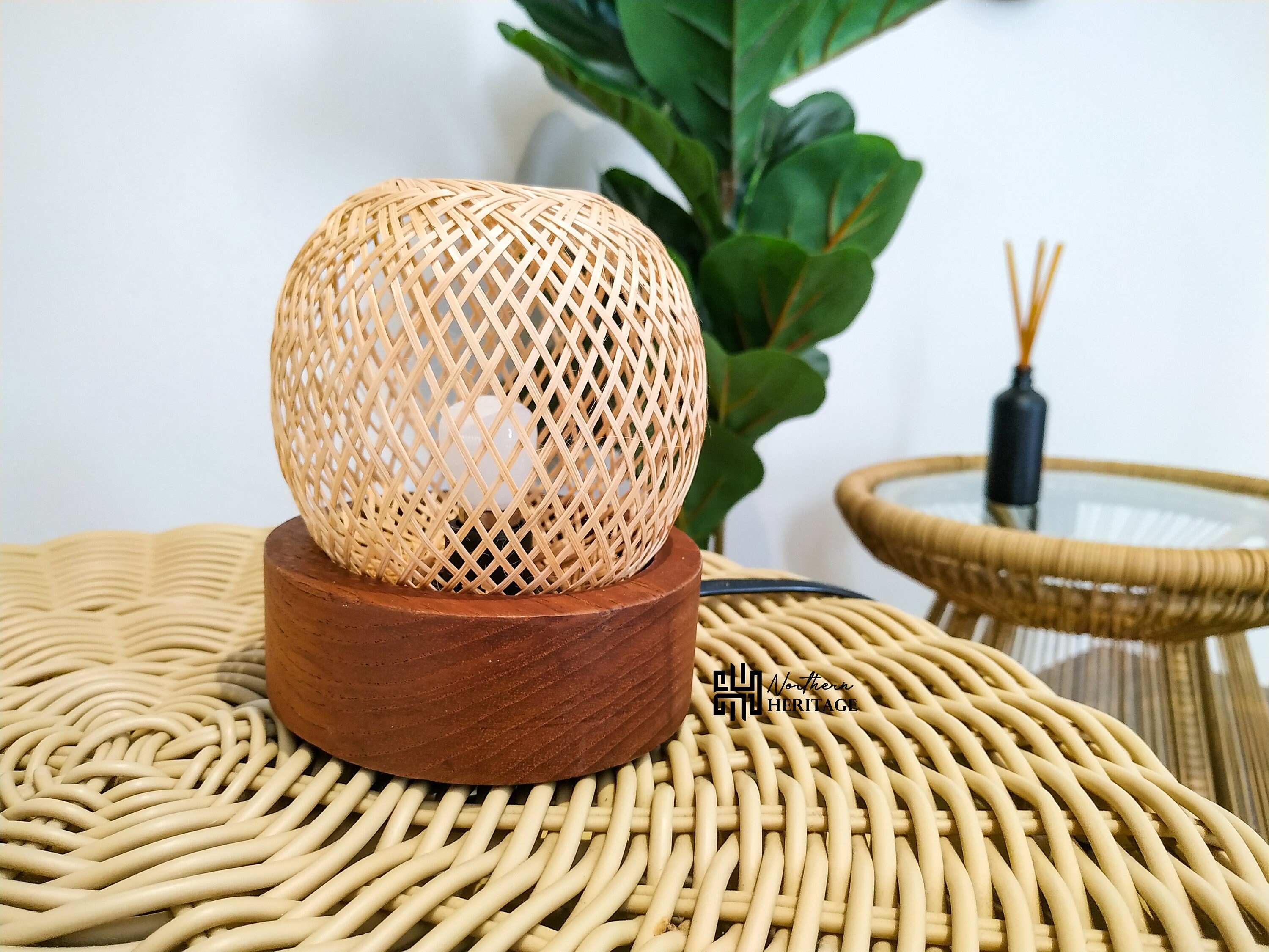 Bamboo Lamp / Small Wicker Lamp Shade with Teak Wood Base Etsy