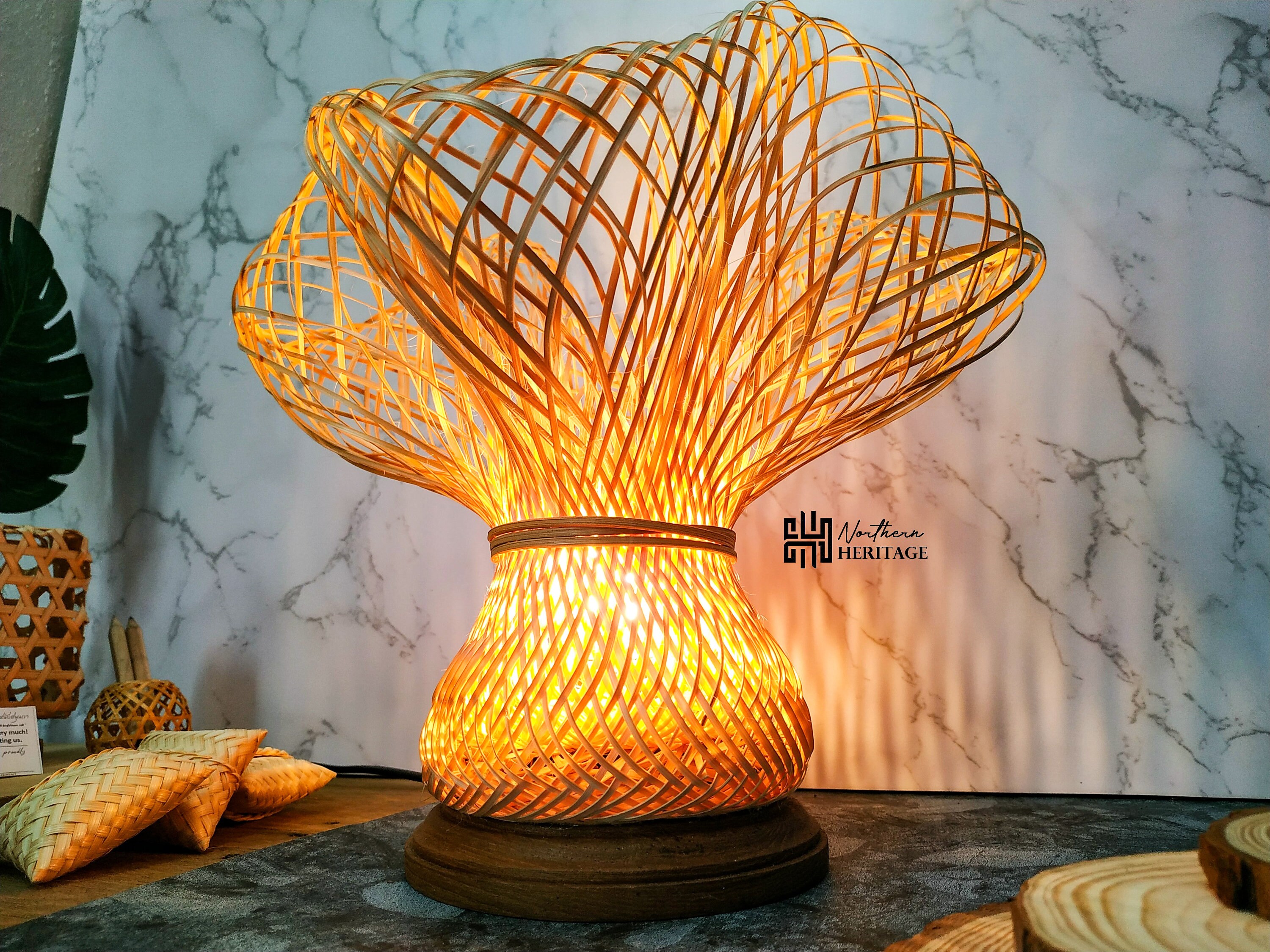 Boho style bedside wicker table lamp Woven bamboo lampshade Etsy