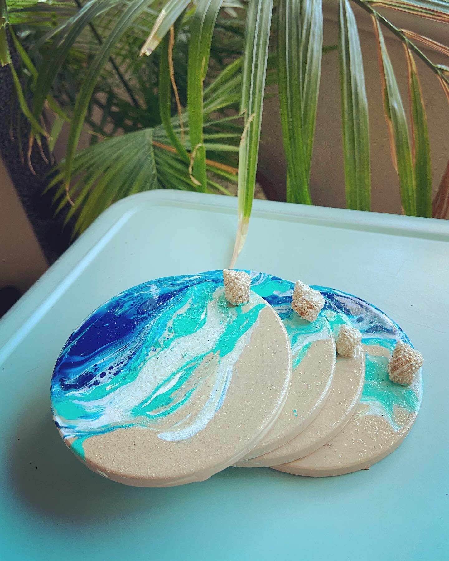 Acrylic pour coasters/beach waves round coaster set/set of 4 Etsy