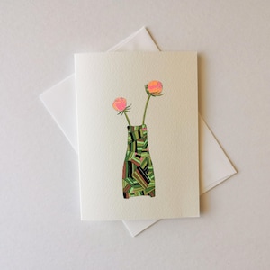 Carte de voeux originale dessinée et encrée à la main, moderne du milieu du siècle, fleurs dans un vase, 5 x 7, intérieur vierge, anniversaire, fête des mères, merci