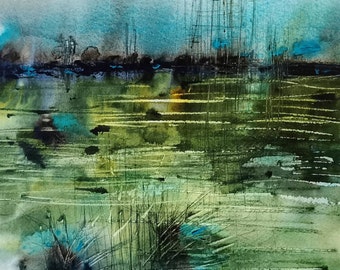 Original watercolour mounted on cradled wood panel, abstract landscape