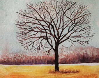 Original watercolour, Wolfe Island tree painting, small wall art, square painting