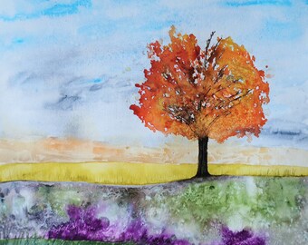 Original watercolour autumn tree, orange leaves, landscape painting, wall art