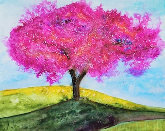 Original watercolour pink crabapple tree, landscape painting, wall art