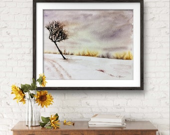 Original watercolour tree, winter landscape, neutral colours, wall art