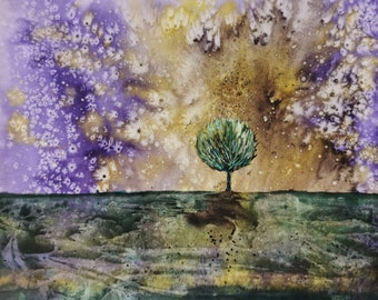 Original watercolour, starry night sky, tree, landscape, purple and green painting