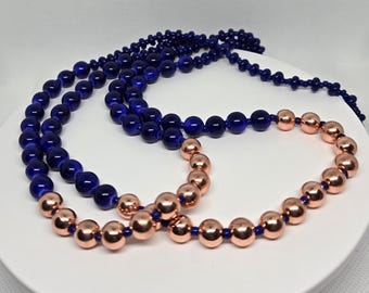 Royal Blue Glass Bead Statement Necklace with Copper Accent Beads - Elegant Long Handmade Necklace
