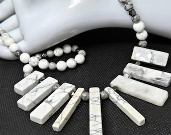 White and gray natural stone and metal 30-inch statement necklace - one of a kind