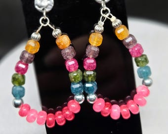 Watermelon Tourmaline Hoop Earrings - Multicolor Gemstone Beaded Statement Earrings on Posts