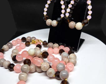 Blush Rose Mocha Gemstone Jewelry Set – Beaded Necklace, Hoop Earrings